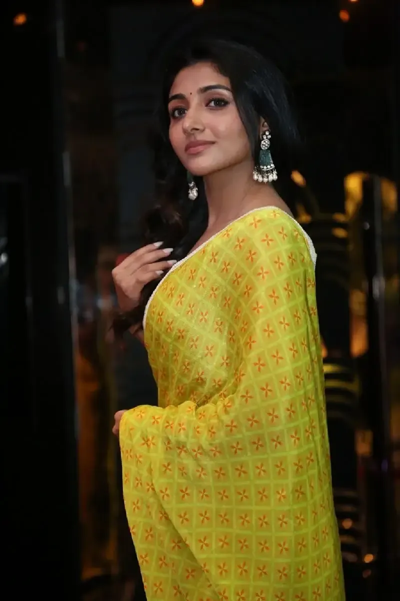 Indian Actress Mirnaa Menon in Yellow Saree at Ugram Movie Teaser Launch